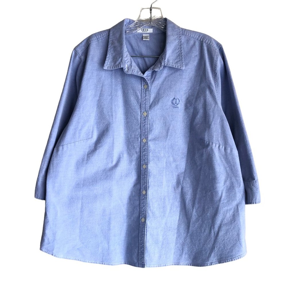 IZOD Women's Oxford Shirt Plus 1X Blue Stretch Cotton Spandex 3/4 Sleeve